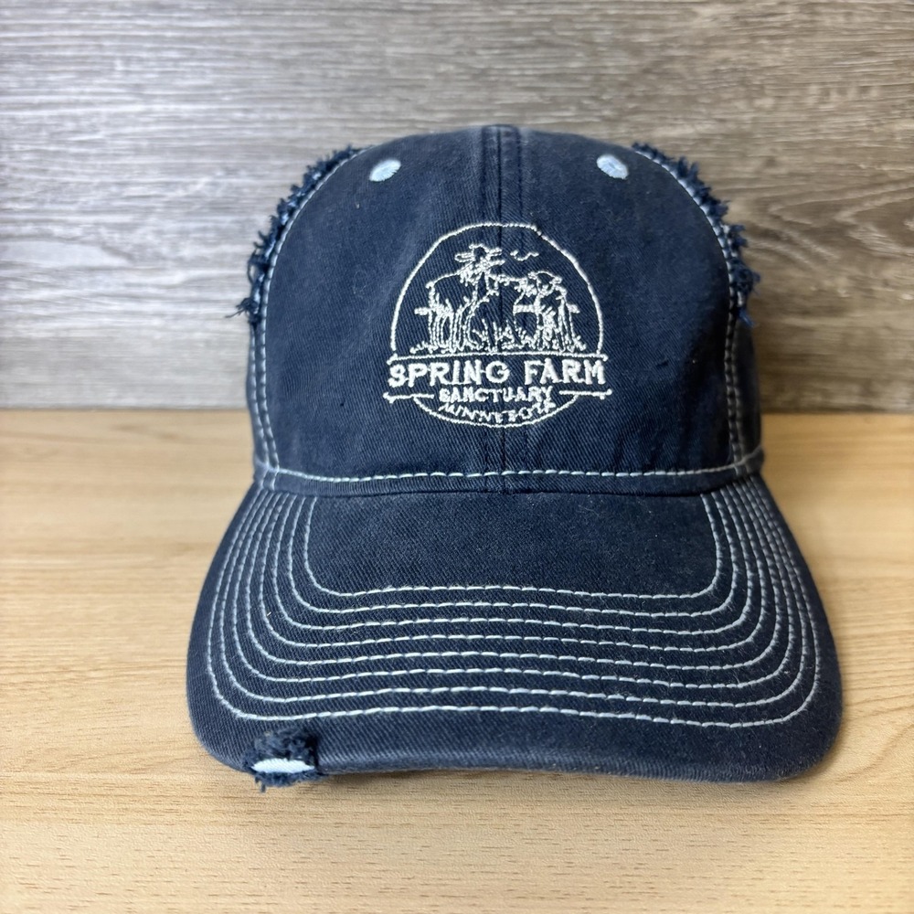Spring Farm Sanctuary Hat Cap Strap Back Navy Blue Embroidered Distressed Mens